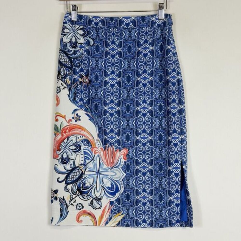 Moulinette Soeurs Pencil Skirt Womens 2 Blue Floral Art Deco Boho Mediterranean